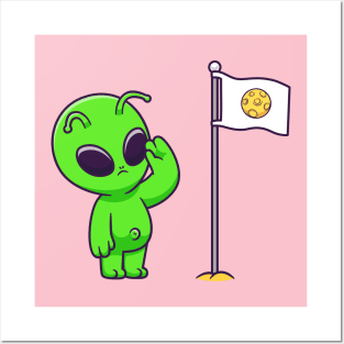 Cute Alien Respect Moon Flag Cartoon Posters and Art